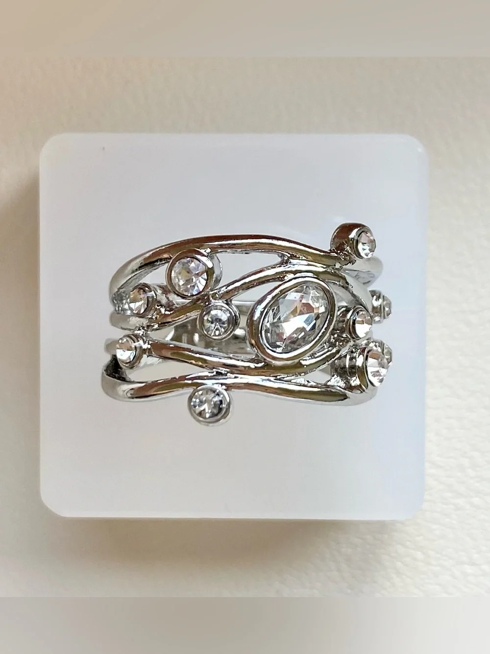 Silver Crystal Multi-Row Statement Ring